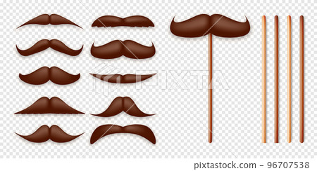 Realistic fake mustache on a wooden stick. Vintage paper mustache for carnival or holiday. Various brown facial hair, fashionable hipster beard. Vector illustration Realistic fake mustache on a wooden stick. Vintage paper mustache for carnival or holiday. Various brown facial hair, fashionable hipster beard. Vector illustration 96707538