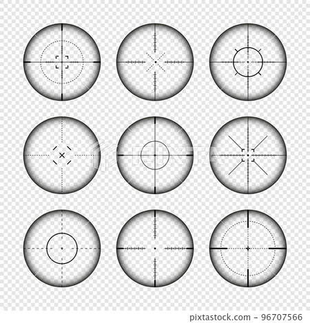 Various weapon sights, sniper rifle optical scopes. Hunting gun viewfinder with crosshair. Aim, shooting mark symbol. Military target sign, silhouette. Game interface UI element. Vector illustration Various weapon sights, sniper rifle optical scopes. Hunting gun viewfinder with crosshair. Aim, shooting mark symbol. Military target sign, silhouette. Game interface UI element. Vector illustration 96707566