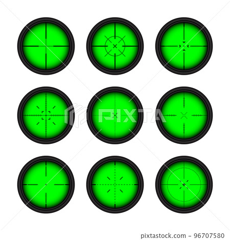 Various weapon night sights, sniper rifle optical scopes. Hunting gun viewfinder with crosshair. Aim, shooting mark symbol. Military target sign, silhouette. Game UI element. Vector illustration 96707580