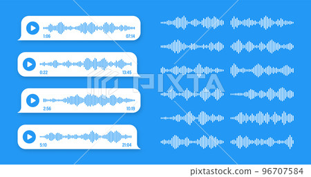 Voice, audio message, blue speech bubble. SMS text frame. Social media chat or messaging app conversation. Voice assistant, recorder. Sound wave pattern. Vector illustration Voice, audio message, blue speech bubble. SMS text frame. Social media chat or messaging app conversation. Voice assistant, recorder. Sound wave pattern. Vector illustration 96707584