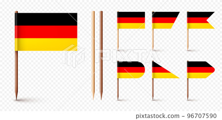 Realistic various German toothpick flags. Souvenir from Germany. Wooden toothpicks with paper flag. Location mark, map pointer. Blank mockup for advertising and promotions. Vector illustration 96707590