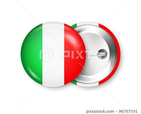 Realistic button badge with printed Italian flag. Souvenir from Italy. Glossy pin badge with shiny metal clasp. Product mockup for advertising and promotion. Vector illustration 96707591