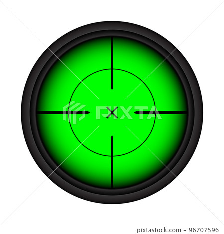 Weapon night sight, sniper rifle optical scope. Hunting gun viewfinder with crosshair. Aim, shooting mark symbol. Military target sign, silhouette. Game interface UI element. Vector illustration Weapon night sight, sniper rifle optical scope. Hunting gun viewfinder with crosshair. Aim, shooting mark symbol. Military target sign, silhouette. Game interface UI element. Vector illustration 96707596