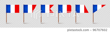 Realistic various French toothpick flags. Souvenir from France. Wooden toothpicks with paper flag. Location mark, map pointer. Blank mockup for advertising and promotions. Vector illustration Realistic various French toothpick flags. Souvenir from France. Wooden toothpicks with paper flag. Location mark, map pointer. Blank mockup for advertising and promotions. Vector illustration 96707602