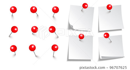 Realistic blank sticky notes isolated on white background. White sheets of note paper with red round push pins. Paper reminder and plastic pushpin with needle. Board tacks. Vector illustration Realistic blank sticky notes isolated on white background. White sheets of note paper with red round push pins. Paper reminder and plastic pushpin with needle. Board tacks. Vector illustration 96707625