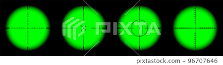 Various weapon night sights, sniper rifle optical scopes. Hunting gun viewfinder with crosshair. Aim, shooting mark symbol. Military target sign, silhouette. Game UI element. Vector illustration Various weapon night sights, sniper rifle optical scopes. Hunting gun viewfinder with crosshair. Aim, shooting mark symbol. Military target sign, silhouette. Game UI element. Vector illustration 96707646
