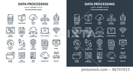 Cloud computing and internet technology, database remote access. Web hosting, online services data protection. Information security, data sharing and backup. Thin line icons set. Vector illustration 96707655