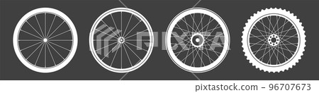 Black bicycle wheel symbols collection. Bike rubber tyre silhouettes. Fitness cycle, road and mountain bike. Vector illustration. Black bicycle wheel symbols collection. Bike rubber tyre silhouettes. Fitness cycle, road and mountain bike. Vector illustration. 96707673