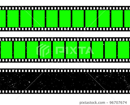 Realistic grunge film strip, camera roll. Old retro cinema movie strip with blank green chroma key background. Analog video recording and photography. Visual effects compositing. Vector illustration 96707674