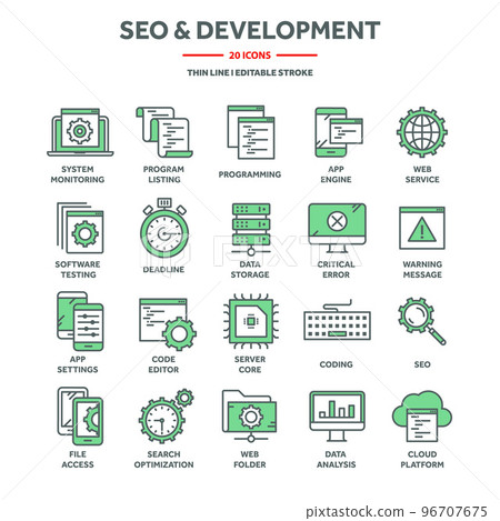 Search engine optimization, SEO and development. Internet technology, online services data protection. Information security, data sharing, backup. Thin line web icons set. Vector illustration Search engine optimization, SEO and development. Internet technology, online services data protection. Information security, data sharing, backup. Thin line web icons set. Vector illustration 96707675