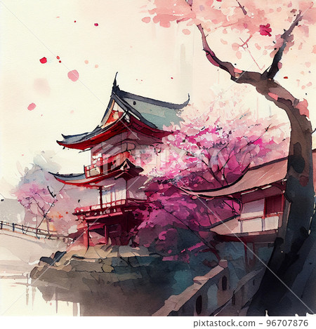 Japan traditional sumi-e painting. Fuji mountain, sakura, sunset. Japan sun. Indian ink illustration. Japanese picture. Japan traditional sumi-e painting. Fuji mountain, sakura, sunset. Japan sun. Indian ink illustration. Japanese picture. 96707876