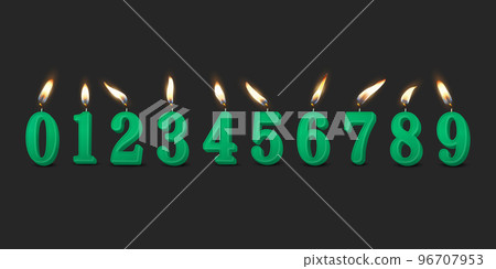 Vector 3d Realistic Paraffin or Wax Burning Green Birthday Party Candles, Numbers and Different Flame of a Candle Icon Set Isolated. Design Template, Clipart, Birthday Concept. Front View Vector 3d Realistic Paraffin or Wax Burning Green Birthday Party Candles, Numbers and Different Flame of a Candle Icon Set Isolated. Design Template, Clipart, Birthday Concept. Front View 96707953
