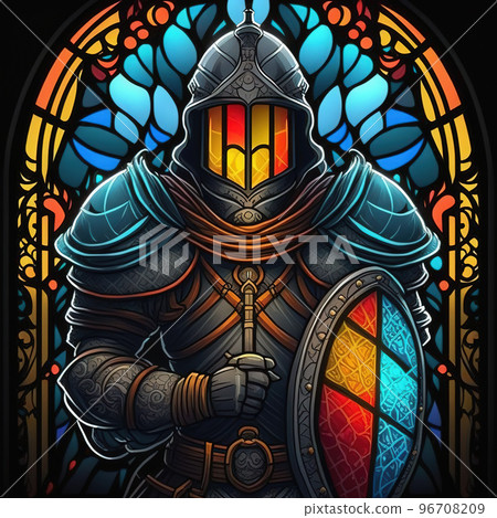 Stained glass style of medieval knight with sword, shield and helmet. Arch stained glass window. 3D illustration 96708209
