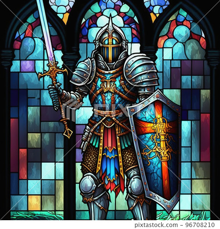 Stained glass style of medieval knight with sword, shield and helmet. Arch stained glass window. Full body portrait. 3D illustration 96708210