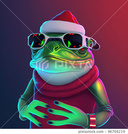 Frog Santa Claus in sunglasses, front view. Glowing Christmas night club party poster. Pop art style in trendy neon colors. 3D illustration 96708219