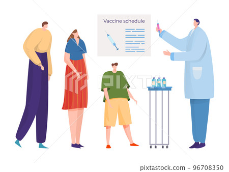 Family father, mother and son people character vaccination schedule, professional doctor injection flat vector illustration, isolated on white. 96708350