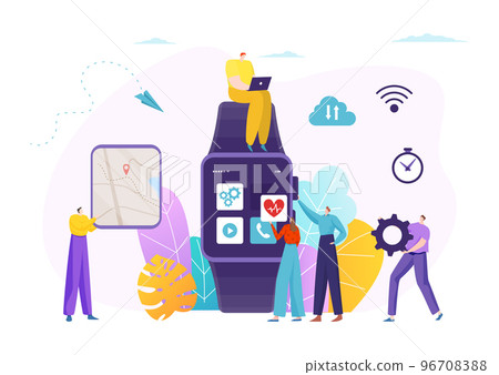 Modern technology smart watch application development, tiny programmer character develop app flat vector illustration, isolated on white. 96708388