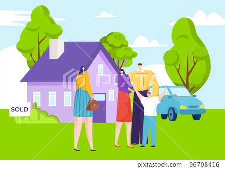 Real estate agent sell house to young family, father mother and kid character buy country apartment flat vector illustration. Real estate agent sell house to young family, father mother and kid character buy country apartment flat vector illustration. 96708416