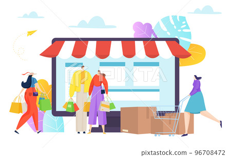 Online shopping desktop application, tiny character together purchase stuff web store flat vector illustration, isolated on white. Online shopping desktop application, tiny character together purchase stuff web store flat vector illustration, isolated on white. 96708472
