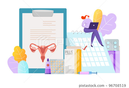 Medical concept female contraceptive medicament, tiny woman character sitting work laptop flat vector illustration, isolated on white. 96708519