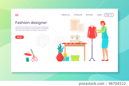 Fashion designer woman tailor character online web application website banner, template landing webpage mobile app flat vector illustration. 96708522