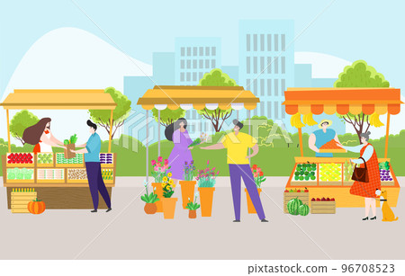 Urban landscape street natural organic farming market, character farmer sell grown vegetable and flower flat vector illustration. 96708523