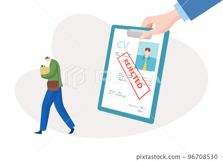 Dismissed employee tiny male character, human resources career problem, rejected specialist flat vector illustration, isolated on white. Dismissed employee tiny male character, human resources career problem, rejected specialist flat vector illustration, isolated on white. 96708530