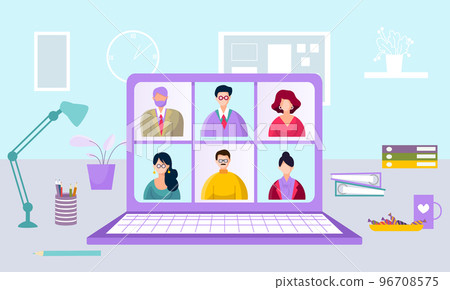 Modern online freelancer work from home, remote internet laptop workplace, web business conversation flat vector illustration. Modern online freelancer work from home, remote internet laptop workplace, web business conversation flat vector illustration. 96708575