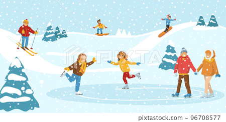 Winter sport ice skating, people together spend time physical activity, frozen pond and snow skiing hill flat vector illustration. Winter sport ice skating, people together spend time physical activity, frozen pond and snow skiing hill flat vector illustration. 96708577