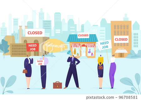World economic crisis dismissal businessman, entrepreneur need job company, concept search work flat vector illustration. 96708581