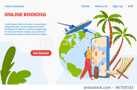 Travel online booking ticket tour world passenger plane landing internet page, website template banner flat vector illustration. 96708583