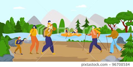 Hiking trail group of tourist people character together outdoor forest adventure trip healthy lifestyle flat vector illustration. 96708584