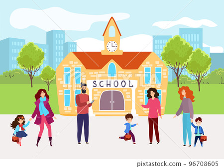 Group of student primary pupil child character with parents, back to school banner, educational institution flat vector illustration. Group of student primary pupil child character with parents, back to school banner, educational institution flat vector illustration. 96708605