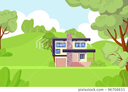 Concept green forest house countryside, outdoor woodland area cottage flat vector illustration, design creative country home. Concept green forest house countryside, outdoor woodland area cottage flat vector illustration, design creative country home. 96708631