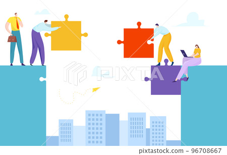 Business teamwork office colleague bridge puzzle, people character together work company problem solution flat vector illustration. 96708667