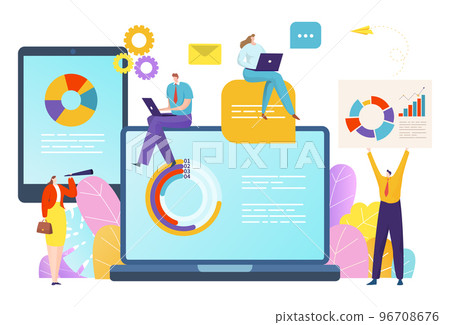 Business analyze statistic data information, tiny character people work infographic laptop flat vector illustration, isolated on white. 96708676