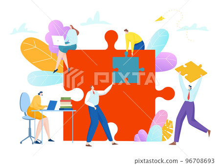 Businessman and businesswoman collect business puzzle tiny people teamwork solution company problem flat vector illustration, isolated on white. Businessman and businesswoman collect business puzzle tiny people teamwork solution company problem flat vector illustration, isolated on white. 96708693