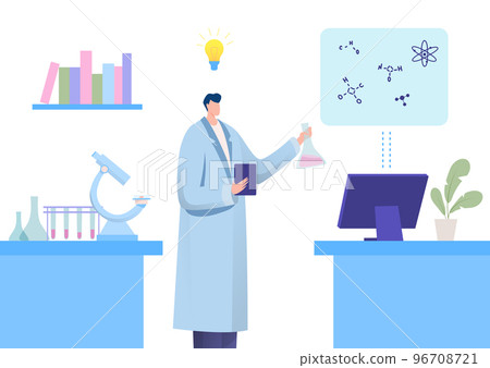 Research scientist laboratory associate, chemical engineer male character hold flask with synthetic liquid flat vector illustration. 96708721