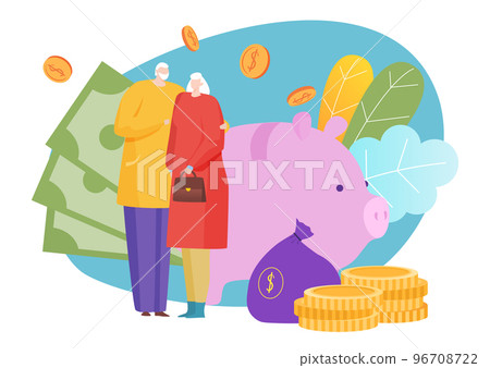Financial literacy saving money for retirement, old people together trust investment fund flat vector illustration, isolated on white. 96708722