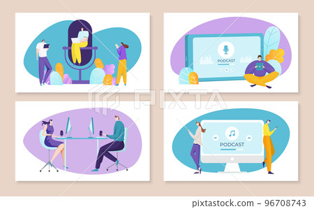 Technology mobile digital audio podcast, smartphone discussion divise radio card set flat vector illustration, isolated on white. 96708743