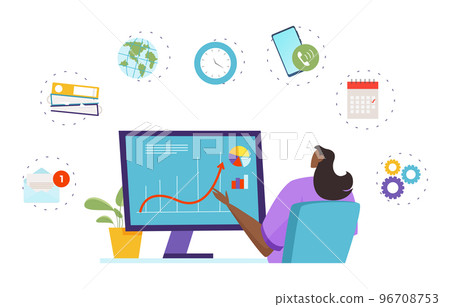 Businesswoman office worker multitasking skill, character female sitting workspace computer display flat vector illustration, isolated on white. 96708753