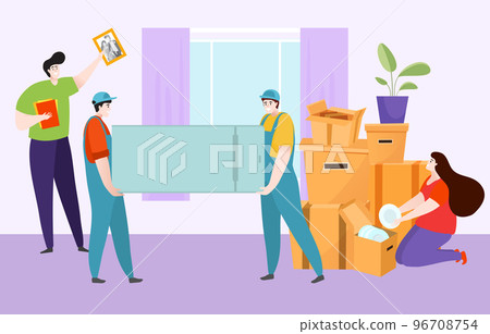 Express delivery moving new house, worker professional loader character hold refrigerator, woman package box flat vector illustration. 96708754