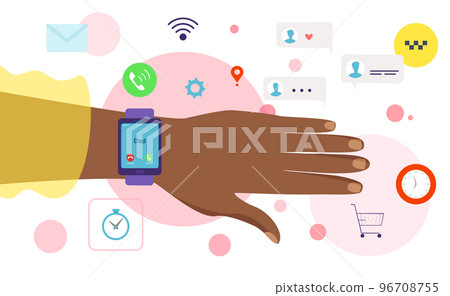 Mobile smartwatch modern technology gadget, male hand wears tech device convenient watch, smartphone application flat vector illustration. 96708755