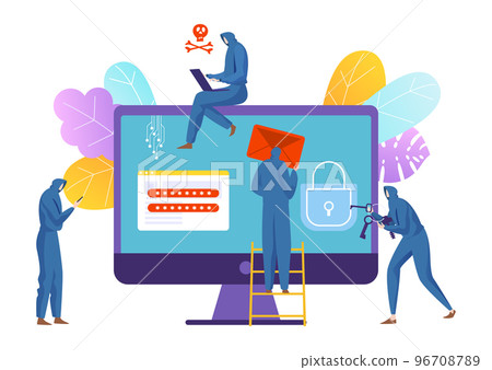 Modern technology hacker steal personal data information, tiny character attack info flat vector illustration, isolated on white. 96708789