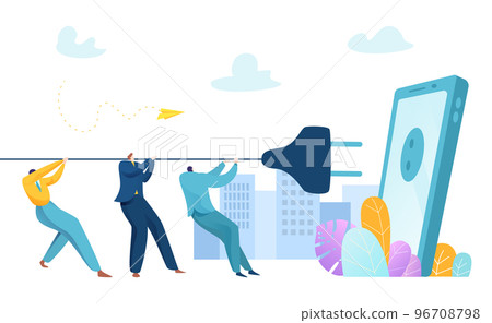Modern world human disease, concept digital detox banner, group of people together pull mobile gadget plug flat vector illustration. 96708798
