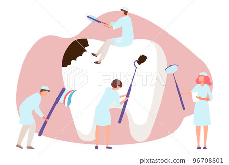 Medical dental care, tiny dentist character group therapeutic people together treatment tooth flat vector illustration, isolated on white. Medical dental care, tiny dentist character group therapeutic people together treatment tooth flat vector illustration, isolated on white. 96708801