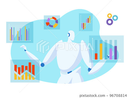 Future technology automatically data analysis, robot android work information diagram flat vector illustration, isolated on white. Future technology automatically data analysis, robot android work information diagram flat vector illustration, isolated on white. 96708814