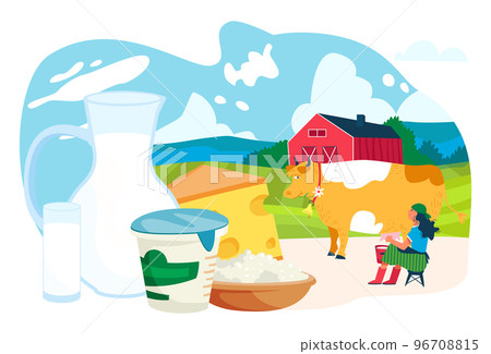 Dairy product curd, milk and cheese advertisement banner, farmer milkmaid livestock cow flat vector illustration, isolated on white. Dairy product curd, milk and cheese advertisement banner, farmer milkmaid livestock cow flat vector illustration, isolated on white. 96708815
