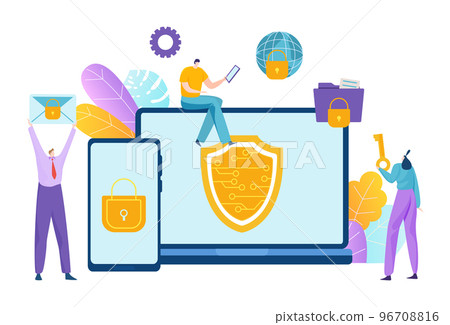 Professional male programmer tiny character cyber security, technology gadget mobile application flat vector illustration, isolated on white. 96708816