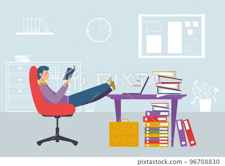 Worker character people sitting chair and work procrastination, man read book ignore job, large amount labour flat vector illustration. 96708830